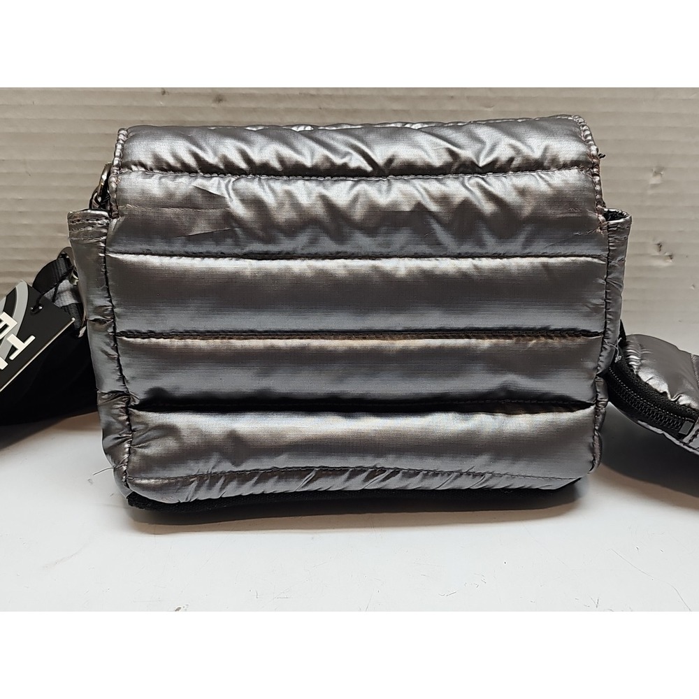 Think Royln Nylon Quilted Striped Adjustable Strap Small Shoulder Handbag Gray - Picture 8 of 8